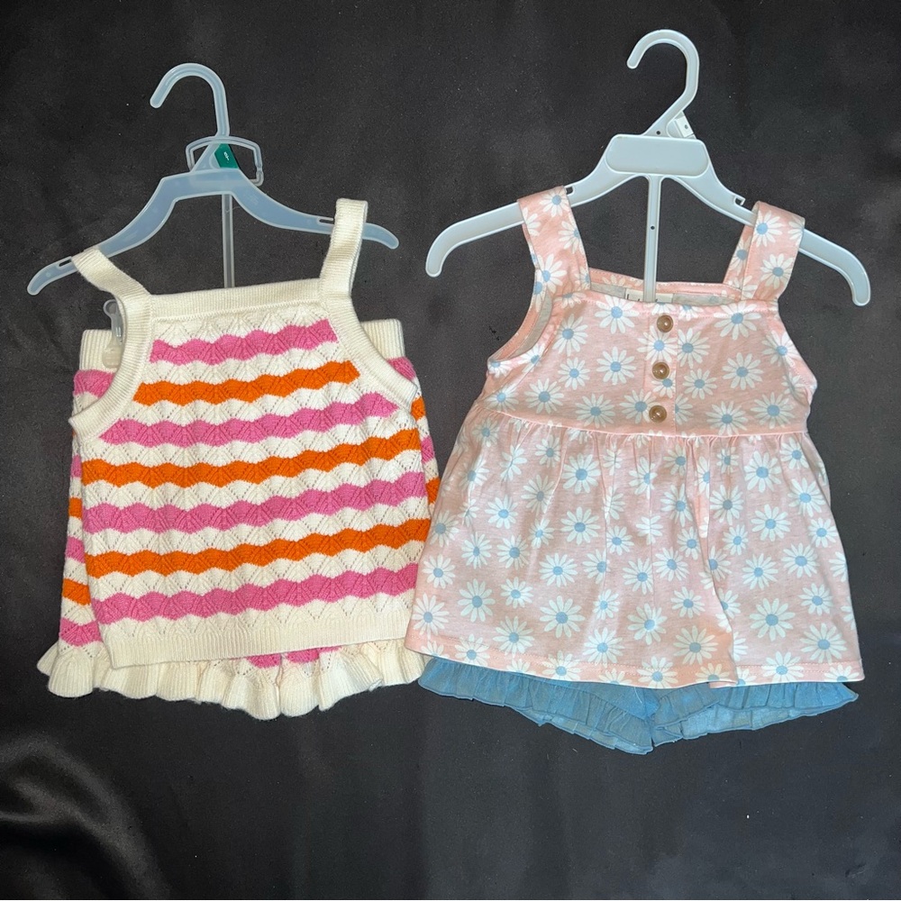 Girls Two-Piece Knit Tank & Skirt Set with Pink Daisy Top and Blue Shorts - Picture 2 of 15